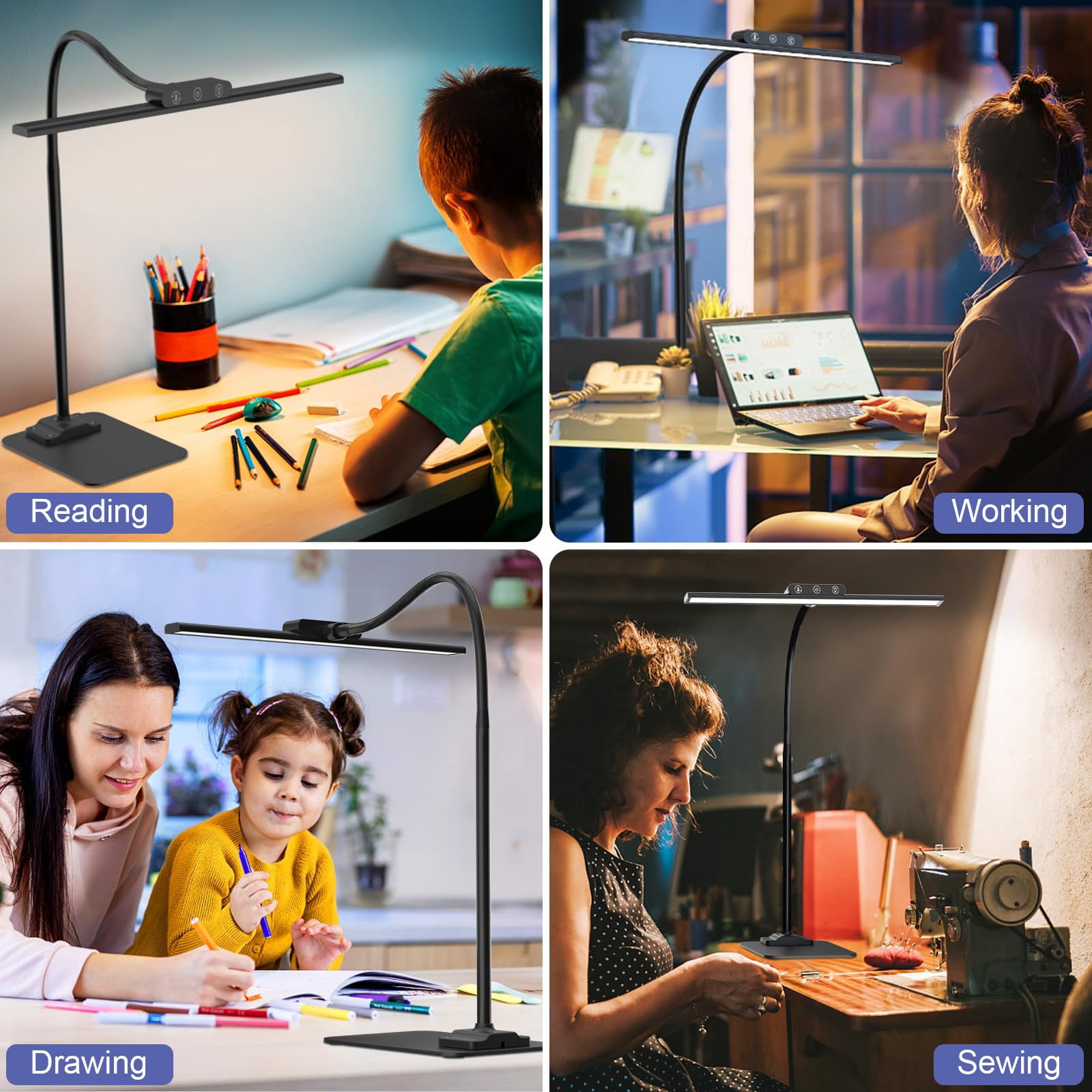 Led Desk Lamp With Base: Bright Lights For Home Office - Eye Care Reading Table Lamps Dimmable Desktop Lighting Computer Monitor Study Drafting Black