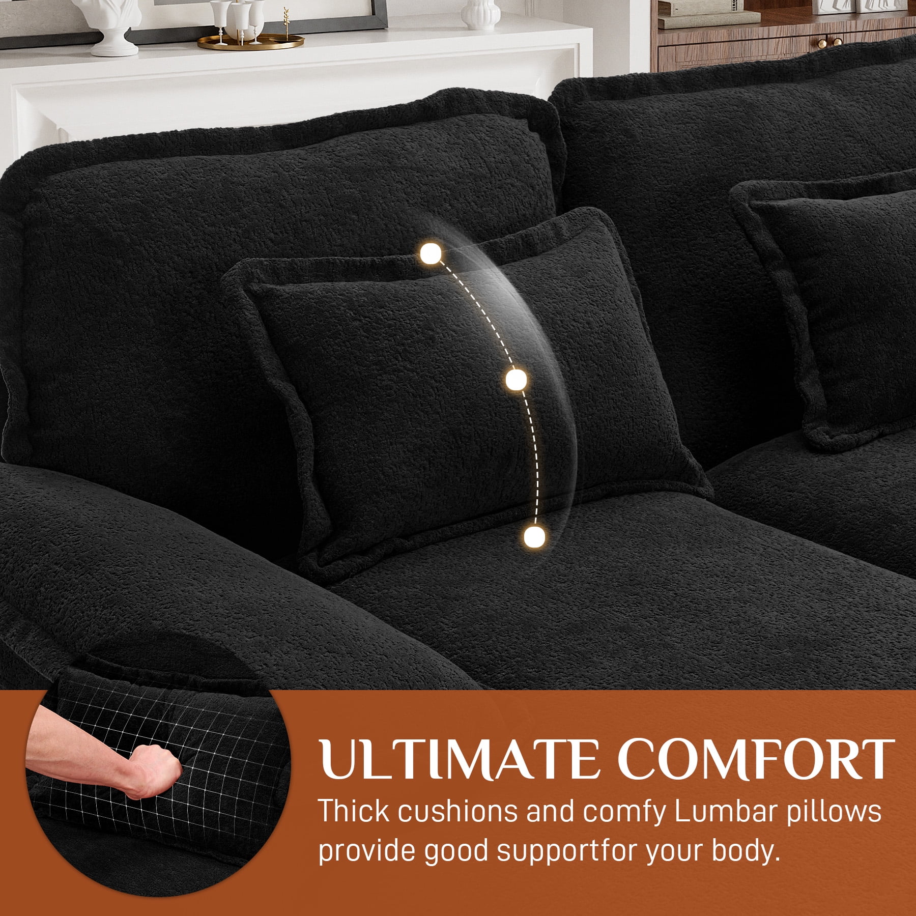 Wiilayok U Shaped Cloud Couch Modular Sectional Sofa 124" Extra Deep Fluffy Chenille Double Chaise Lounge, Central Console w/ Dual USB-C & A Ports, Midnight Black