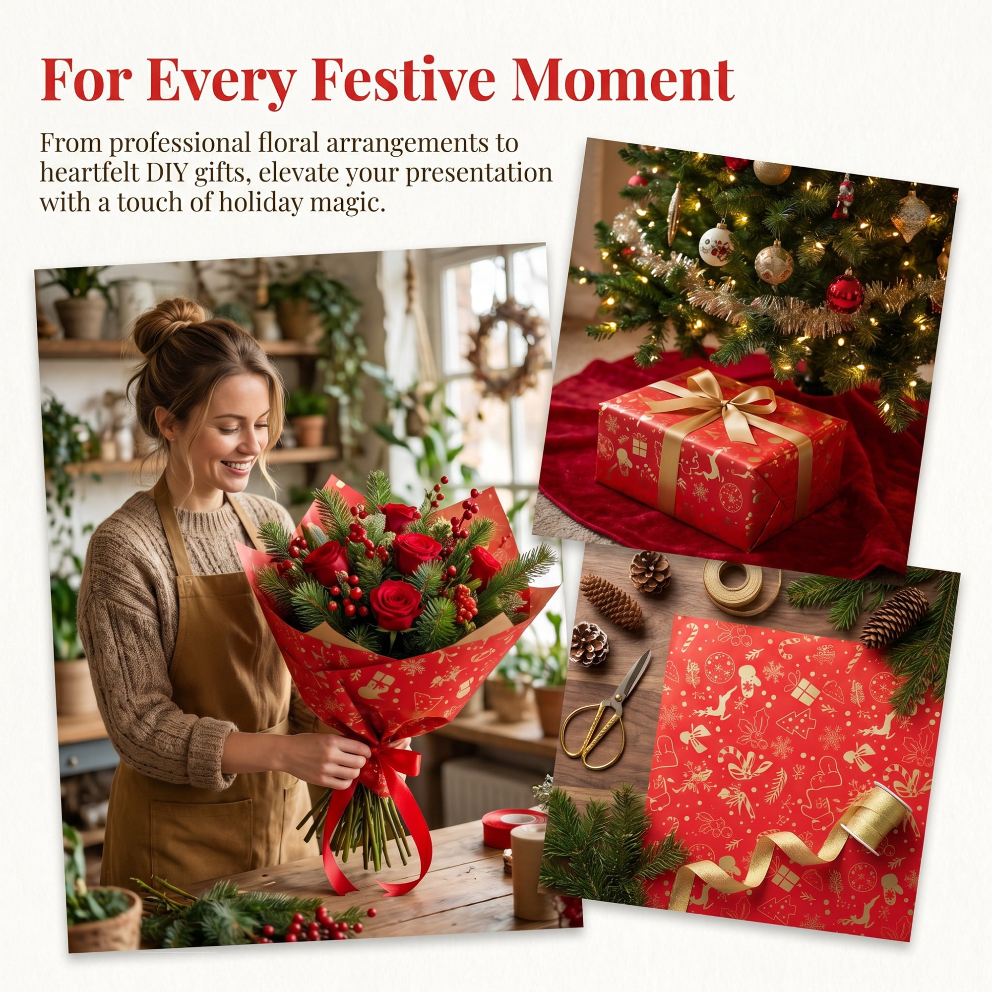 Unique Bargains Waterproof Matte Gift Wrap Paper for Bouquets Red Reindeer 22"x 22"
