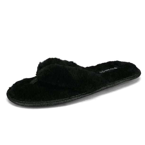 womens black faux fur slippers