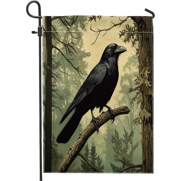 Vintage Forest Crow Garden Flag, 12 x 18 Inch, Double Sided Burlap Raven Yard Flag for Outdoor Lawn, Garden and House Decor