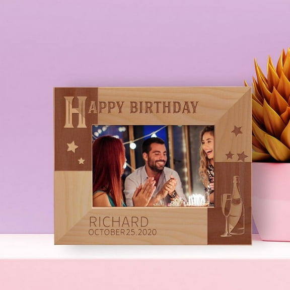 Happy Birthday Personalized Wooden Frame-5" x 3 1/2" Brown Horizontal