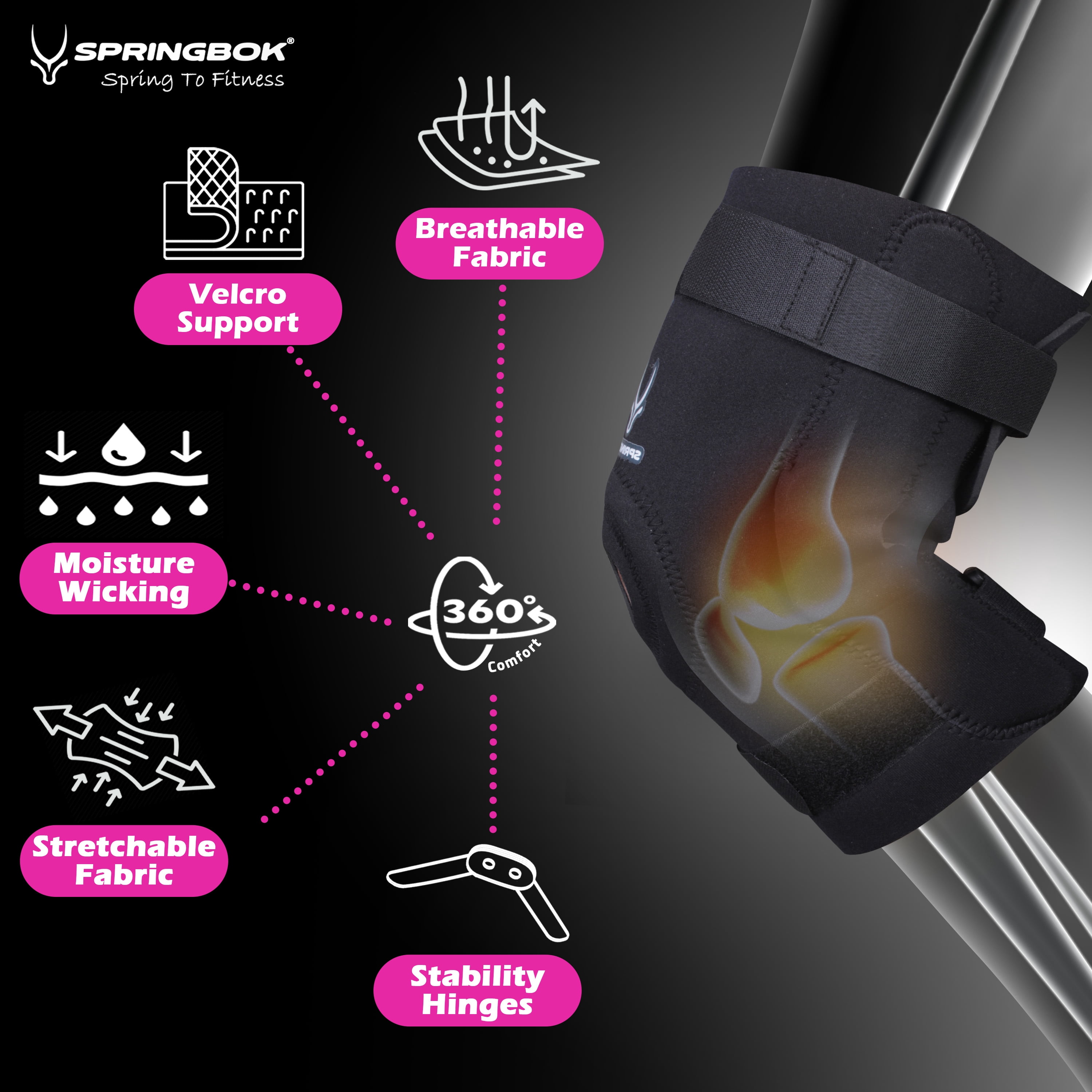 SPRINGBOK Spandex Hinged Knee Brace | Adjustable Knee Support for Pain Relief | Open Patella Knee Brace Support | Knee Cap with 2 Aluminum Brace Bars | Large |