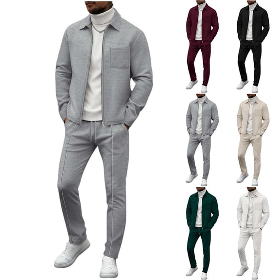 RYDCOT Men's Waffle Tracksuit 2 Piece Set Full Zip Casual Jackets and Pants 2 Piece Outfits Solid Athletic Jogging Suit Sets White