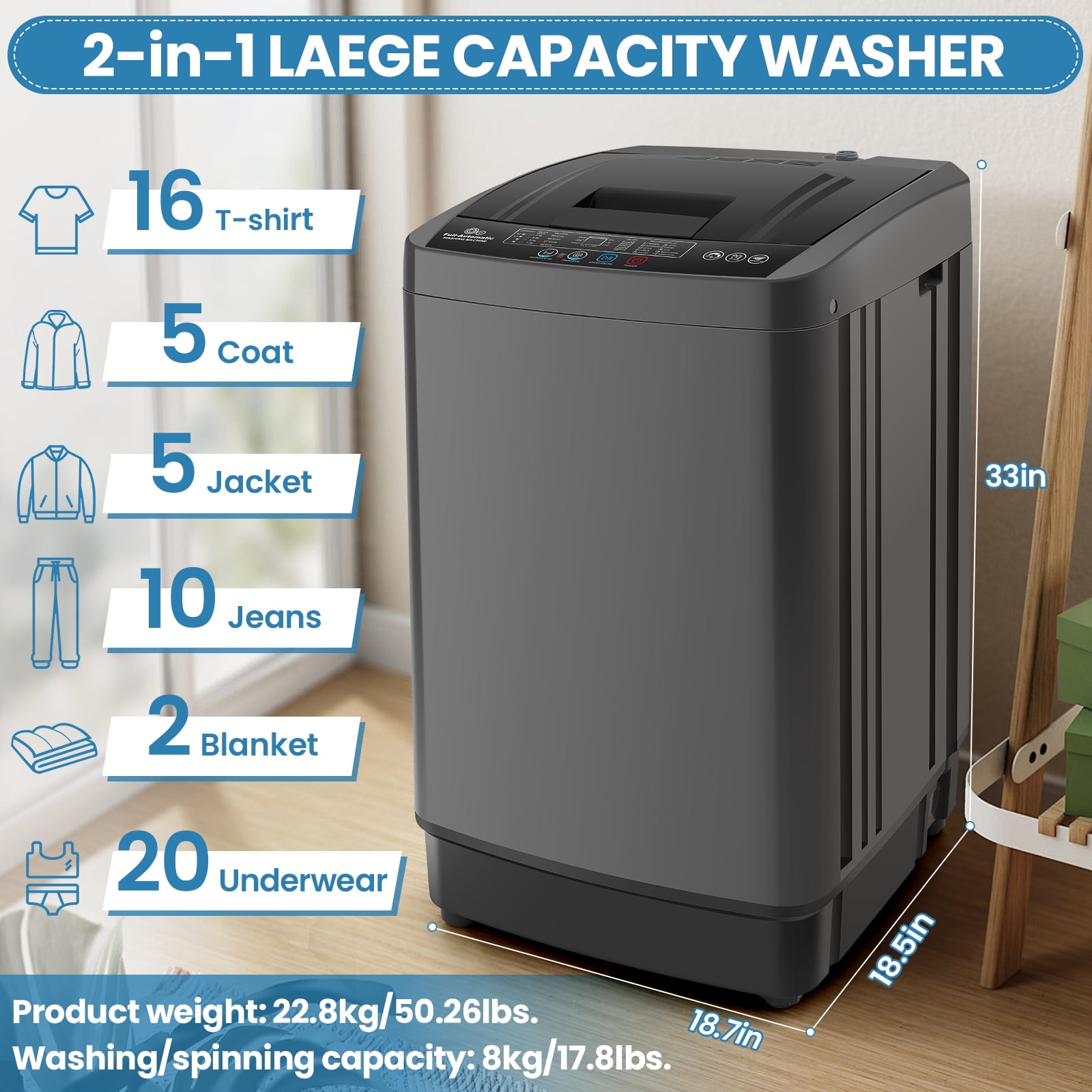 Veeboto 17.8LBS Portable Washing Machine, Fully Automatic Compact Washer, 10 Wash Programs Washer with Drain Pump, Faucet Adapter, Ideal for Apartments, Home, Dorm