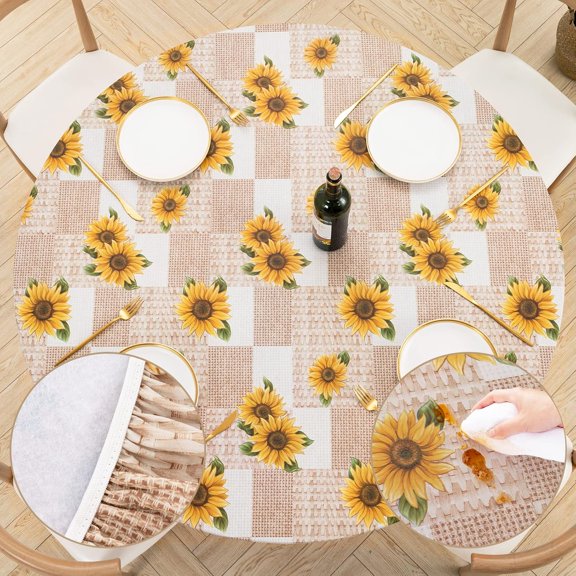 Round Fitted Vinyl Tablecloth with Elastic Edged & Flannel Backing, Waterproof Wipeable Round Table Cover for Indoor Outdoor Patio Use - Fits Tables up to 40" - 44" Diameter(Sunflower)