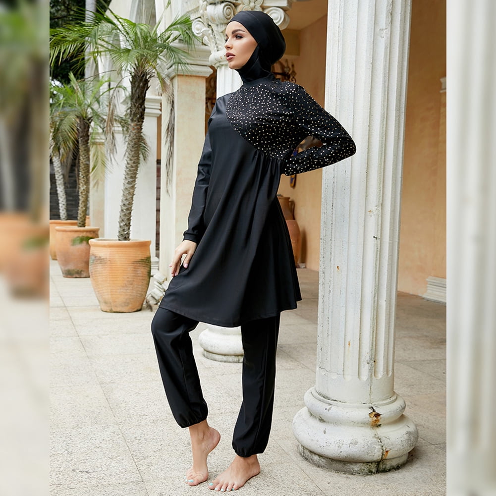 IBTOM CASTLE Muslim Swimsuits for Women Modest Islamic Arabic Swimwear Burkini Full Cover Hijab Top Pants Swimming Cap Bathing Suits S Black Dots