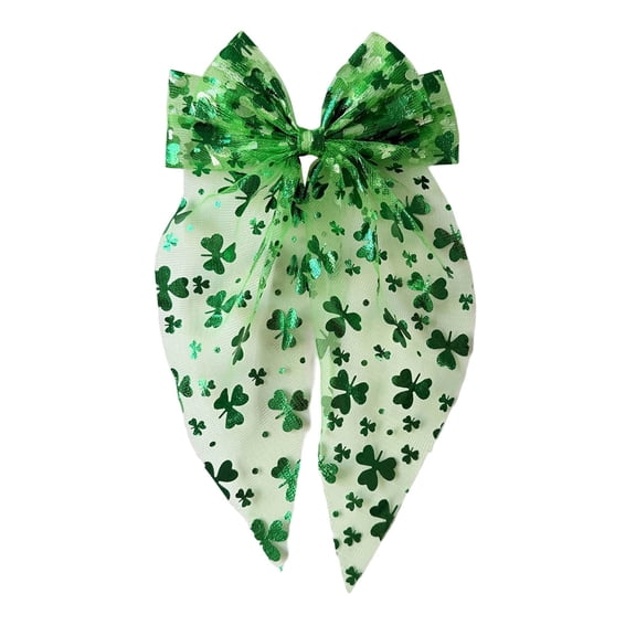 St. Patrick's Day Hair Bows Clips,Light Green Clover Hair Bows,Large Bowknot Hair Barrette Shamrock Hair Clips with Long Tail,Clover Ribbon Hair Accessories for Women Saint Patrick's Day Party Decor