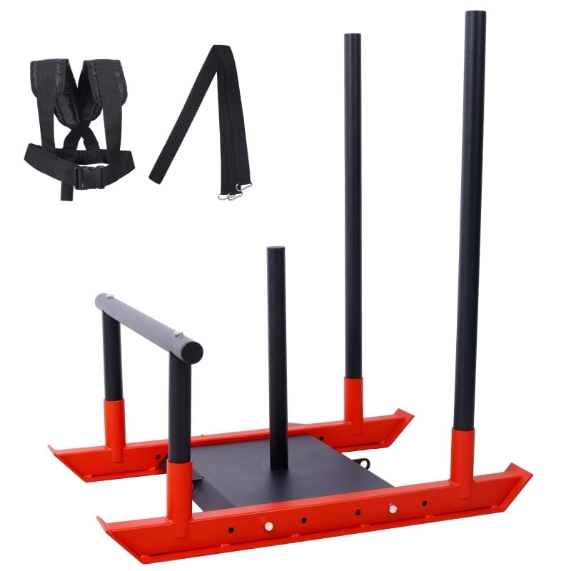 LuckyNote Weight Training Sled with Push Poles & Harness, Heavy-Duty Steel Fitness Sled for 1” & 2” Plates, Black & Red Speed & Strength Training Equipment