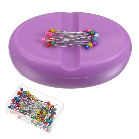 Uxcell Magnetic Pin Cushion with 100pcs Plastic Head Pins, Magnetic Pins Holder Purple