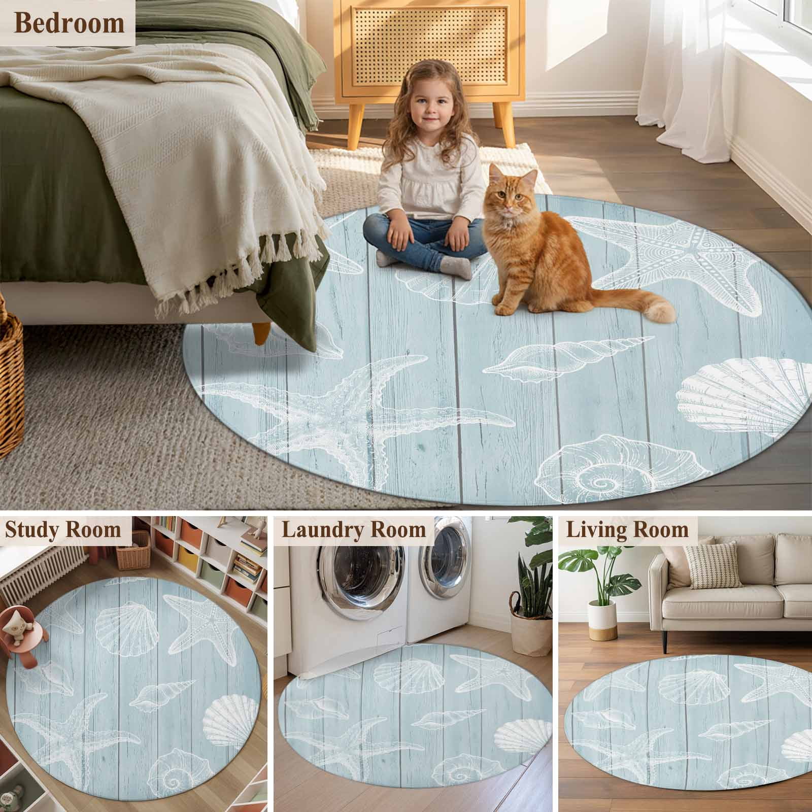 Ocean Beach Round Area Rug 7Ft Washable Circle Rugs for Dorm Laundry Room, Summer Coastal Starfish Shell Conch Wooden Green Non-Slip Carpet Floor Mats Indoor Outdoor Carpet Runner Home Decor