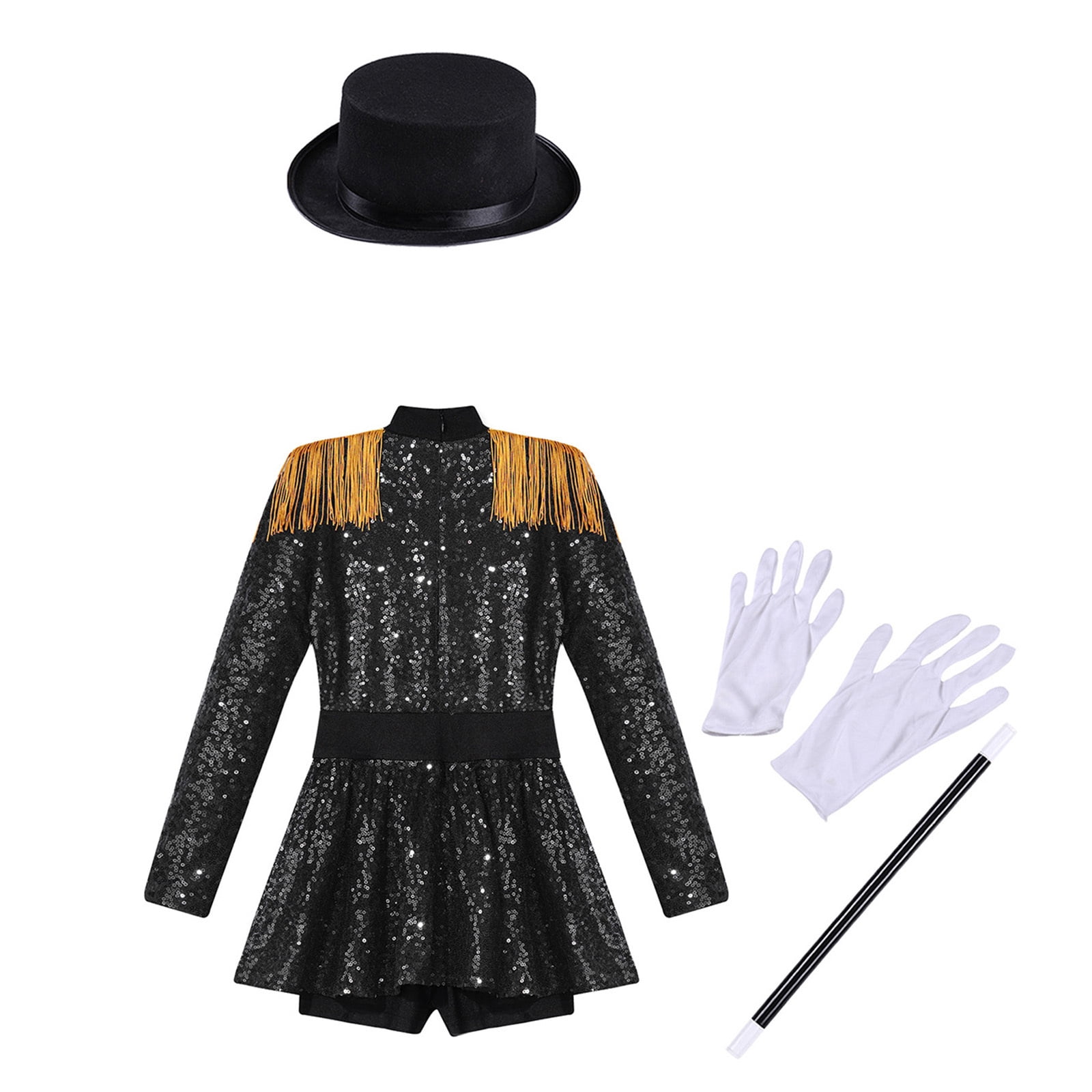 iiniim Girls Circus Ringmaster Jumpsuit Shiny Sequins Performance Leotard Dress Magician Outfits Black 10