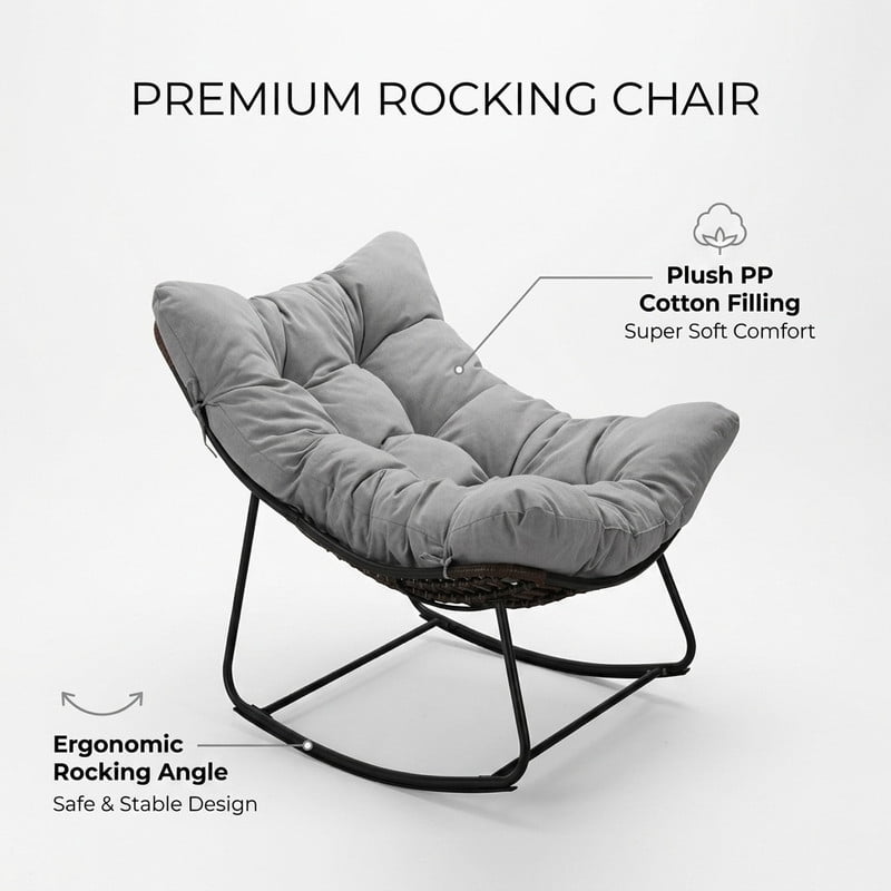Papasan Patio Rocking Chair, Indoor/Outdoor Use Armless Wicker Recliner Chair