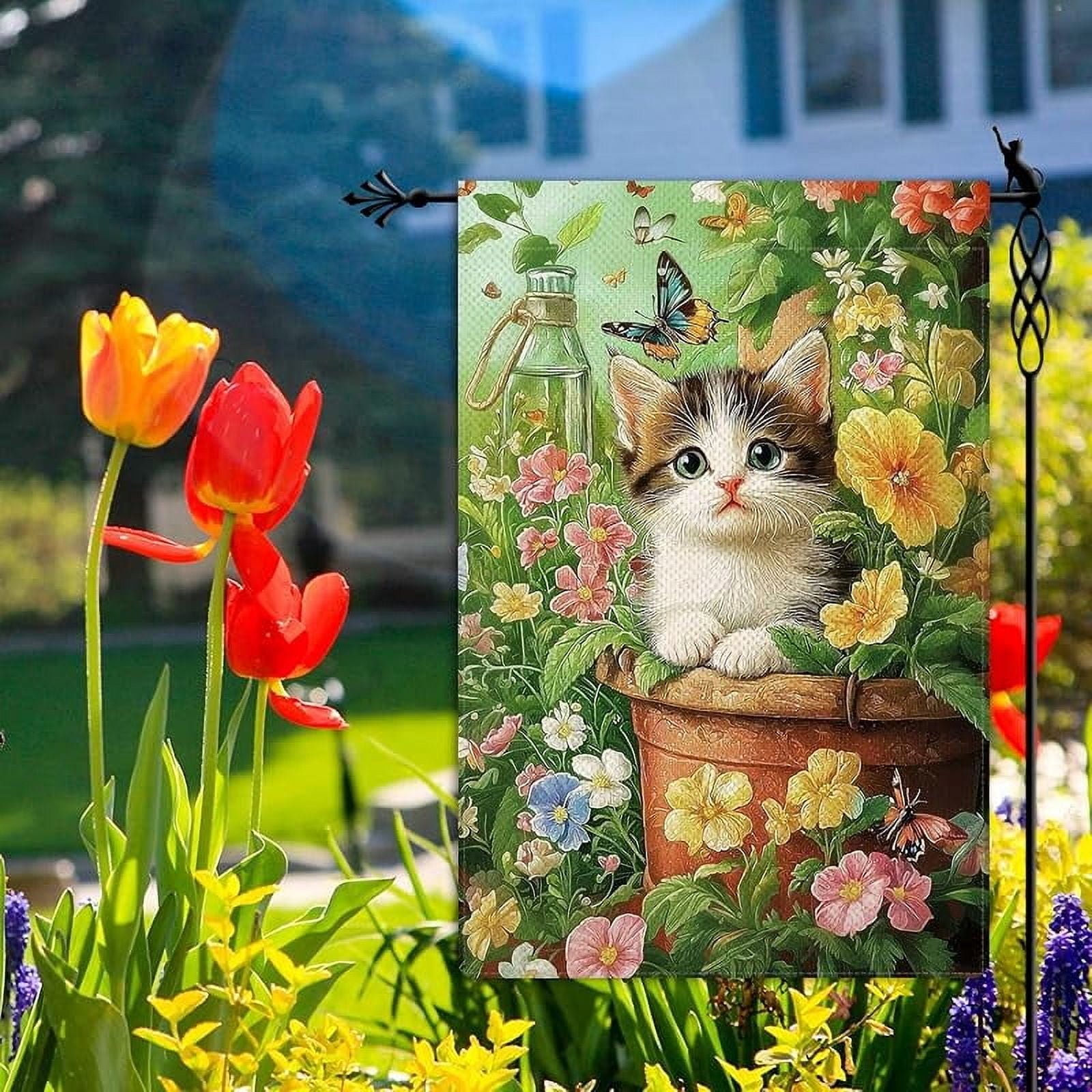 Spring Cute Cat Garden Flag Spring Summer Butterfly Floral Flowers Garden Flag Vertical Double Sided Rustic Farmland Burlap Yard Lawn Outdoor Decor