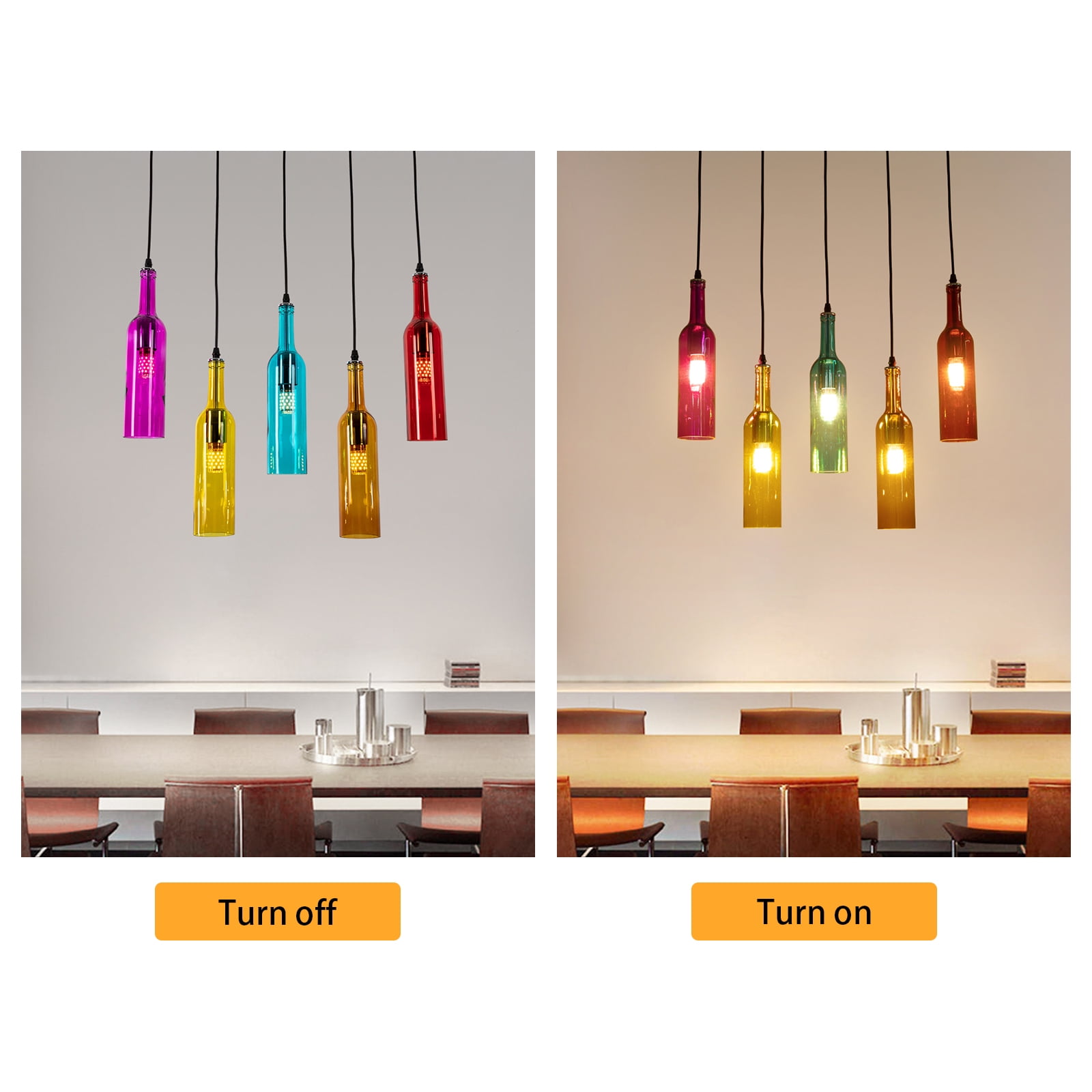 5-Light Kitchen Island Linear Pendant Light with Glass Colored Shade, Modern Wine Bottle Chandelier, Adjustable Height