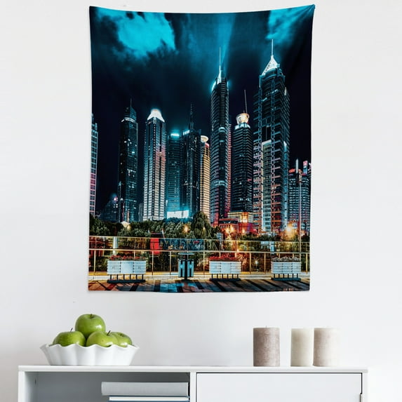 City Tapestry, Shanghai China Office Building Skyscrapers Night View Scenery Modern View, Fabric Wall Hanging Decor for Bedroom Living Room Dorm, 5 Sizes, Dark Teal and Burgundy, by Ambesonne
