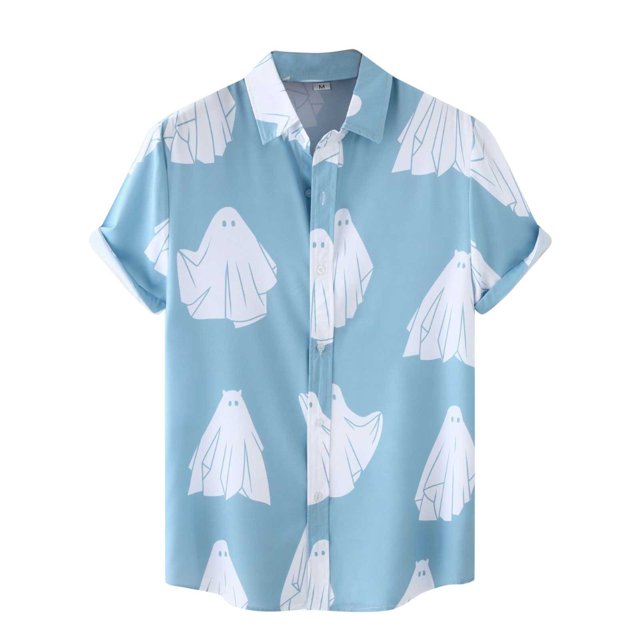 Playeras Camisa de personalidad de Halloween para hombre, camiseta de manga corta con botones, camisa festiva (Blue, 3XL)