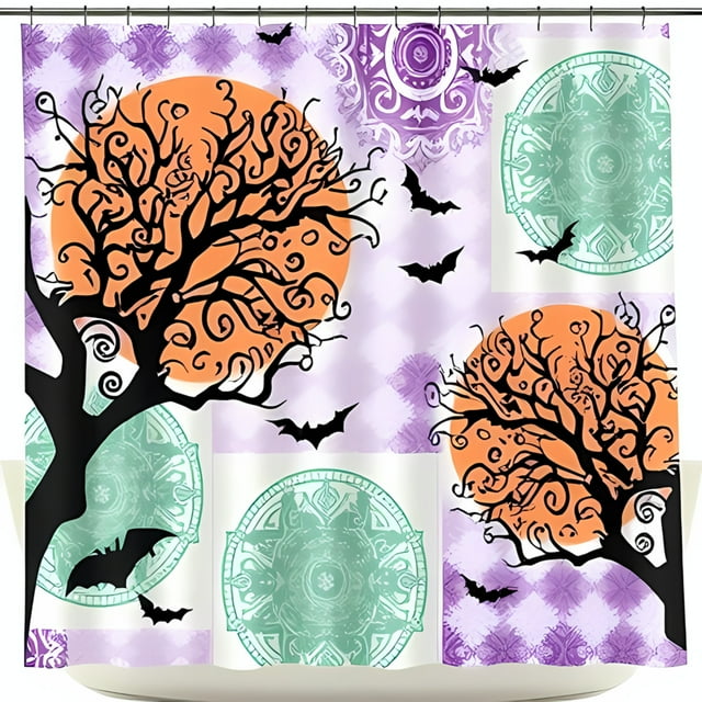 Rideau de Douche d'Halloween Fantaisiste avec Arbres, Lunes Orange et Chauves-Souris - Design Gothique