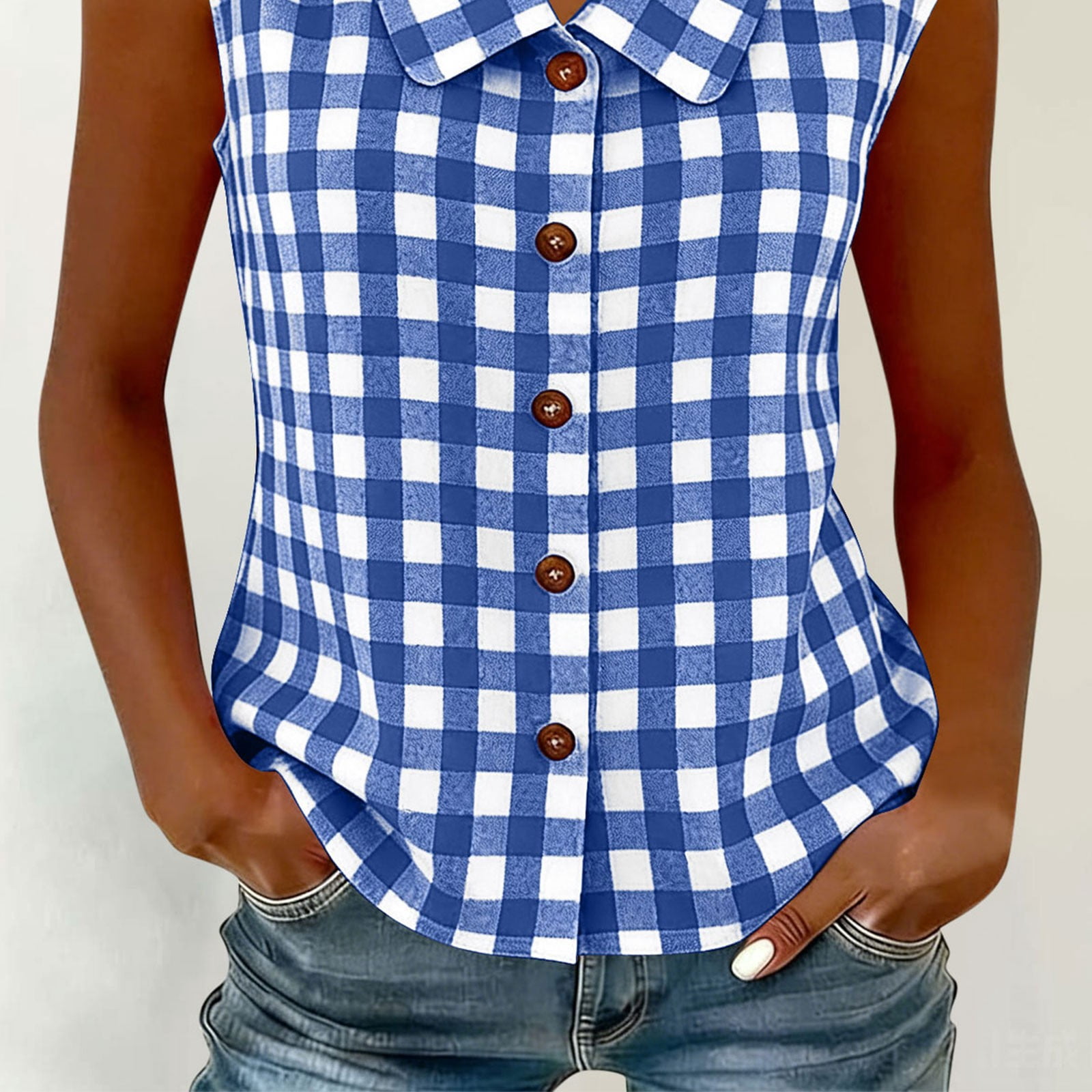 Ihhxva Linen Tops for Women Cotton Checkered Sleeveless Blouse