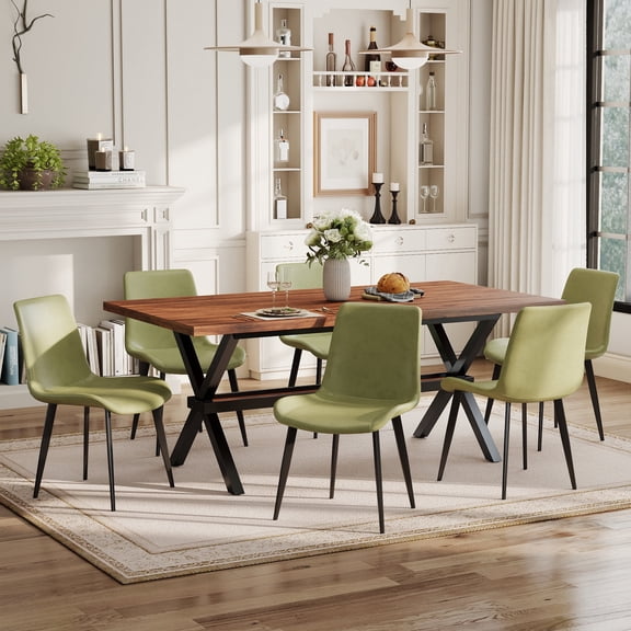 KATBOC 71" Wood MDF Splicing Dining Table Set with 6 Faux Leather Dining Chairs, X-Shaped Metal Frame, Seats 6-8 for Kitchen & Dining Room