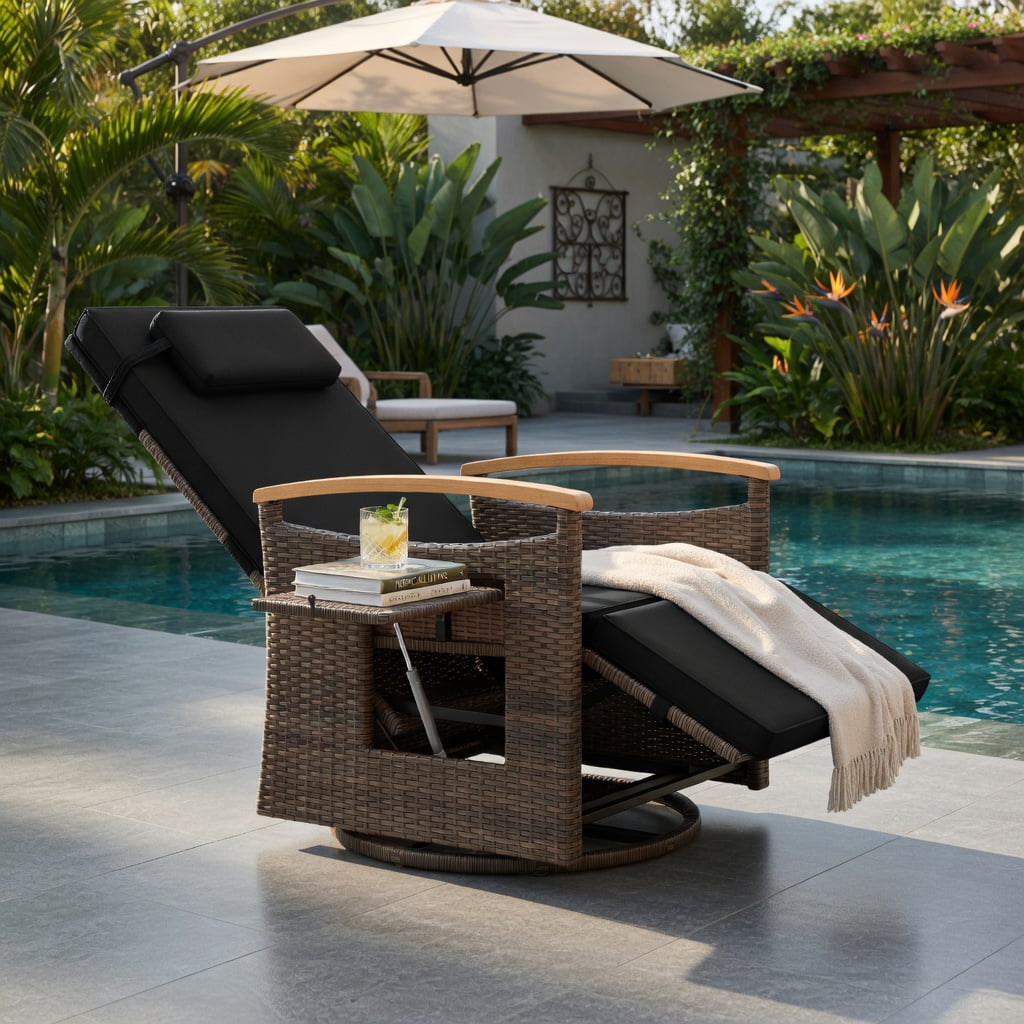 Hommoo 360° Swivel Outdoor Recliner Chair with Adjustable Backrest & Footrest, PE Rattan Patio Seating for Backyard, Porch, Poolside, Black