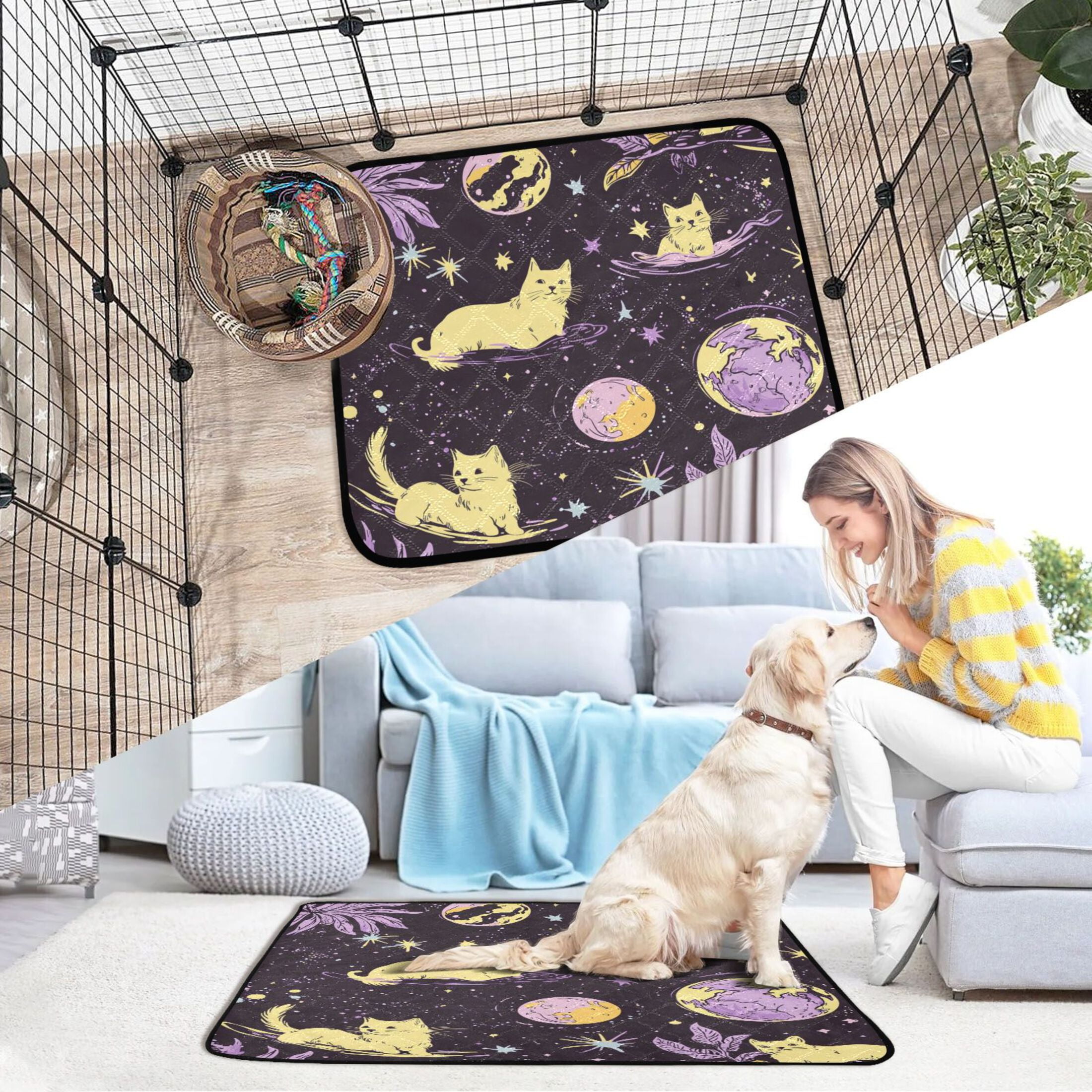 Qxltty Yellow Cats Artistic Pattern Cat litter Pads Pet Set of 3 Diaper Mats Center Anti-leakage Layer Absorbent Soft and Comfortable