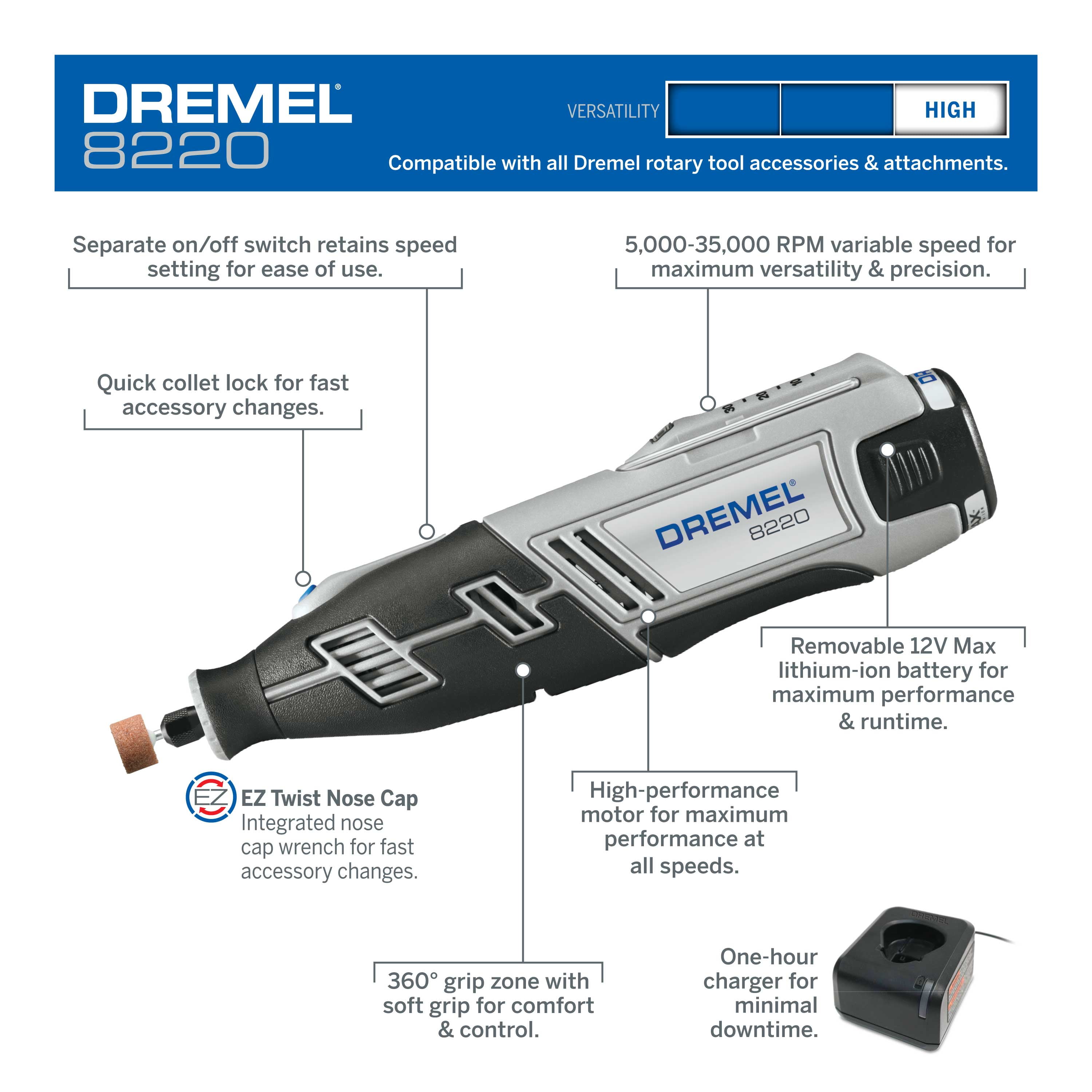 Shop Dremel 8220 Cordless 12V Variable Speed Rotary Tool with 1 Attachment  and 28 Accessories + 11-Piece EZ Lock Cutting Accessory Kit at