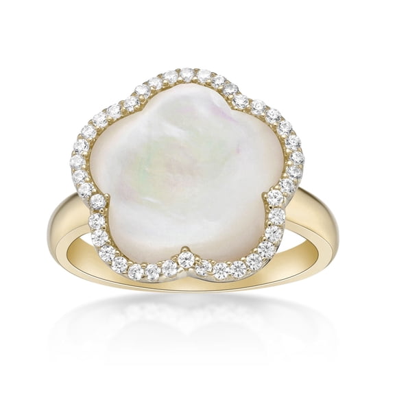 Yellow Gold Plated Sterling Silver Mother of Pearl Five Petal Flower Ring with Cubic Zirconia Halo Jewelry Gift for Women - Size 8