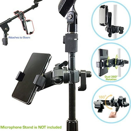 AccessoryBasics Music Boom Mic Microphone Stand Smartphone Mount w/360° Swivel Adjust Holder for Apple iPhone 11 Pro XR XS MAX X SE Samsung Galaxy S20 S10 12 Phones (Zoom Video Compatible)