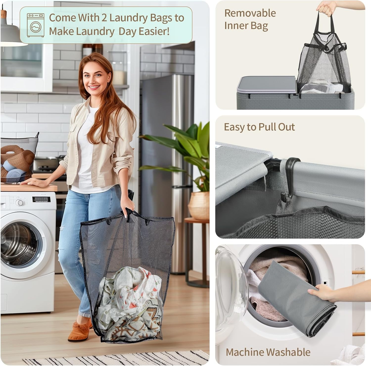 LazySpin 150L Laundry Hamper with Wheels Lids and 2 Removable Bags