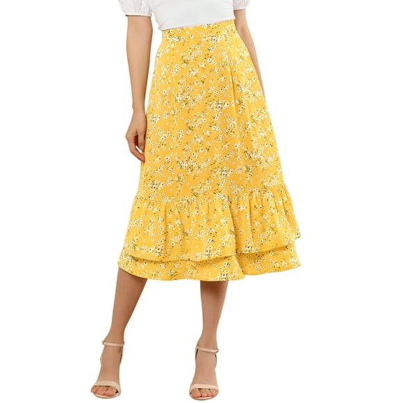 Unique Bargains Women's Floral Print Elastic Waist Ruffle Hem Midi Skirt