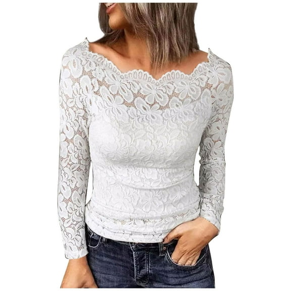 Jalioing Long Sleeve Blouse for Women Lace Round Neck Solid Color Slim Dressy Pullover Elegant Top (X-Large, White)