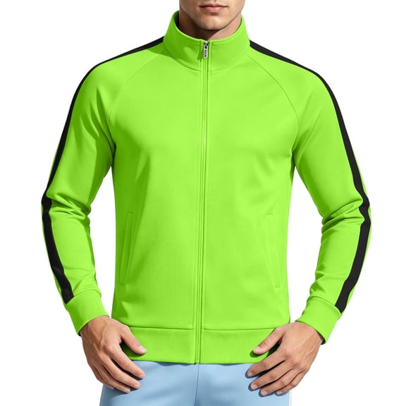 WRKEKC Zip Up Track Jacket for Men Stand Collar Raglan Sleeve Striped Outerwear with Side Pockets for Sports Jogging and Daily Wear
