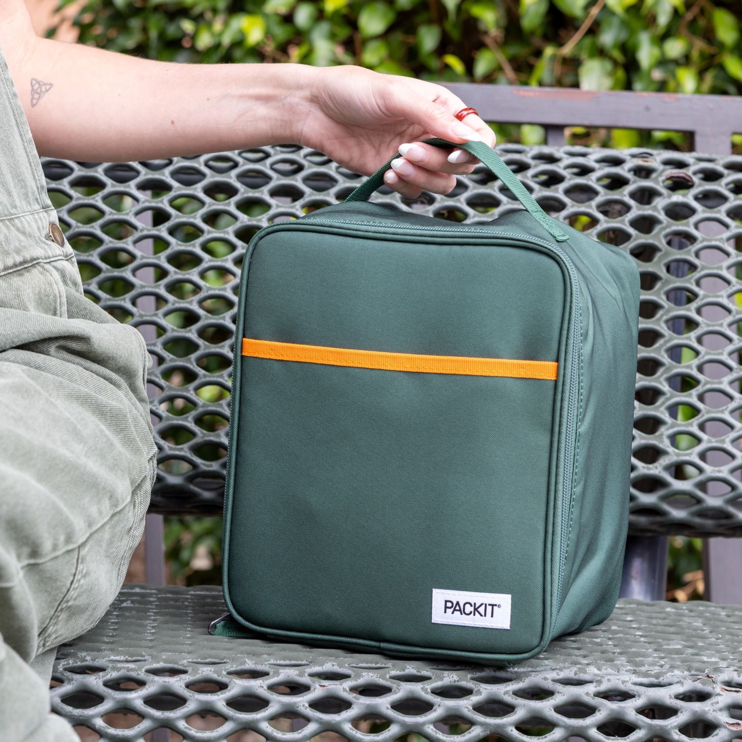 PackIt Freezable Gel-Lined Large Upright Lunch Box, Olive and Orange, Ideal Use for Workday Meals and Travel