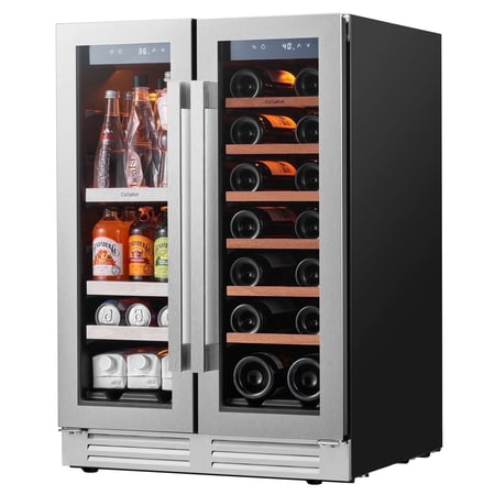 Ca'Lefort 24 inch Wine and Beverage Refrigerator, Hold 60 Cans and 21 Bottles Dual Zone Wine Fridge with Glass French Door, Built-in or Freestanding