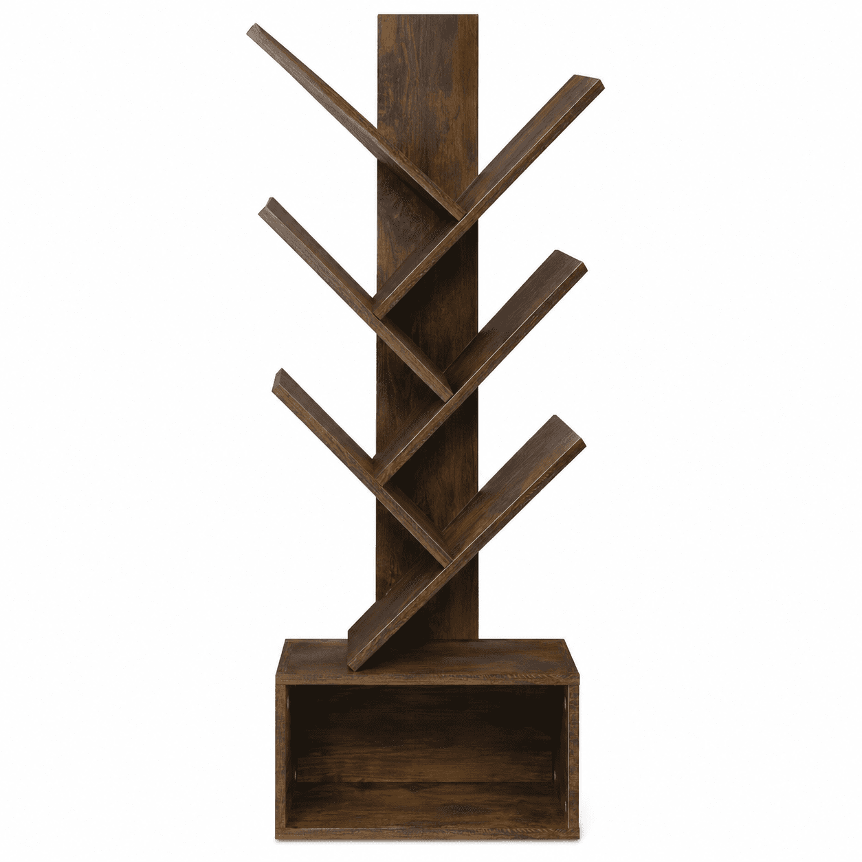 6 Tier Tree Bookshelf Tall Narrow Wood Bookcase with Open Storage Shelves Modern Display Organizer for Books CDs Décor Living Room Bedroom Home Office Rustic Brown