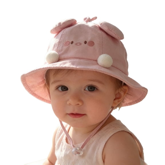 Oiyii Newborn Girls Playful Bucket Hats Cartoon‑Ear Embroidered Toddler Sun Hats, Pink