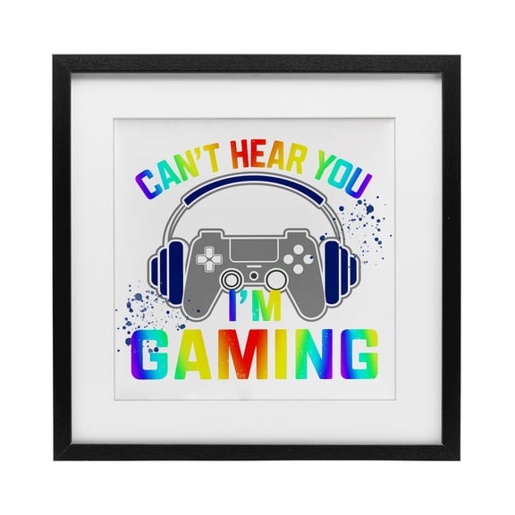 Rainbow Can't Hear You Gaming Black Framed Print Under Glass, design by Kim Allen