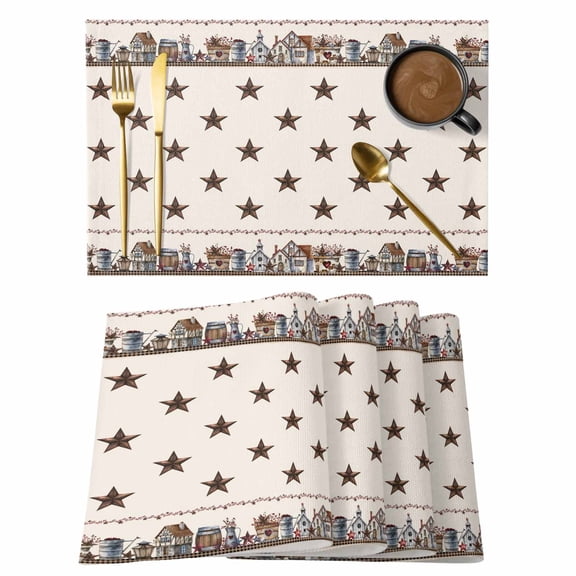 Farmhouse Country Placemats Set of 4 Star Barn Bucket Berry Country Vintage Heat Insulation Washable Place Mats, Rustic Non-Slip Table Mats for Dining Table Party Kitchen Decor,13x19 Inch