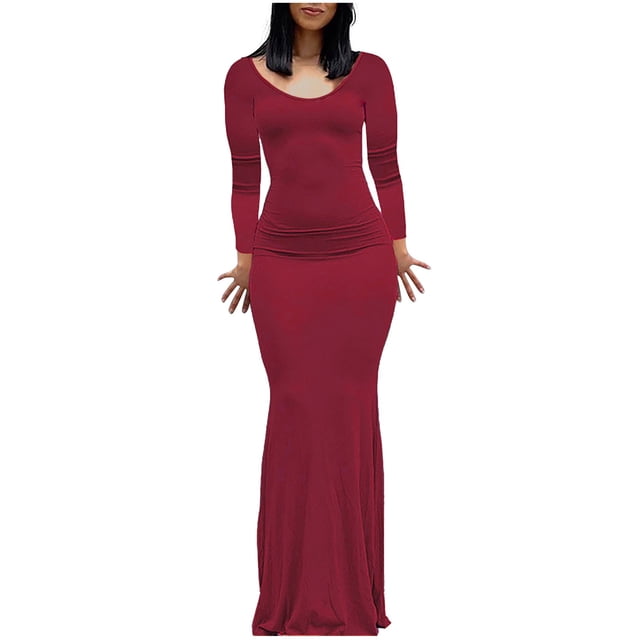 TSADFHJI Jupes pour Femmes Grande Taille Robe Longue Moulante Dos Nu Col en V Manches Longues TTTG Rouge
