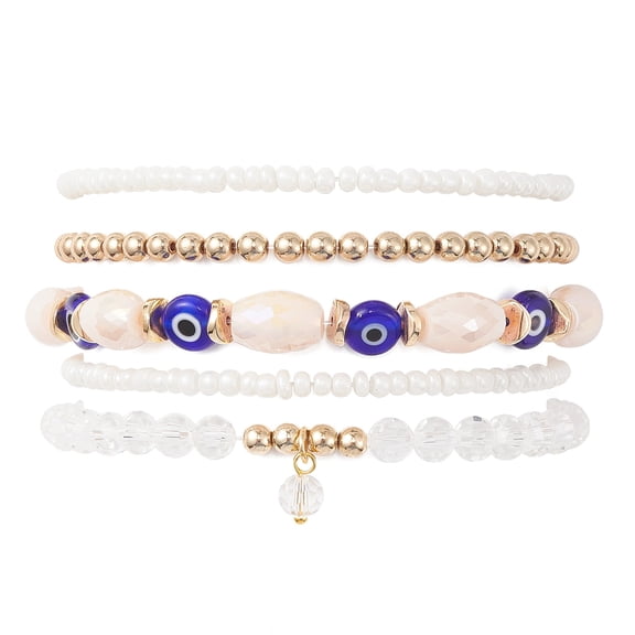 3 set 5pcs 5 style Glass & Lampwork Evil Eye Stretch Bracelets set Stackable Bracelet with Round Charms Clear Inner Diameter: 2-3/8 inch(5.9cm) 1pc/style