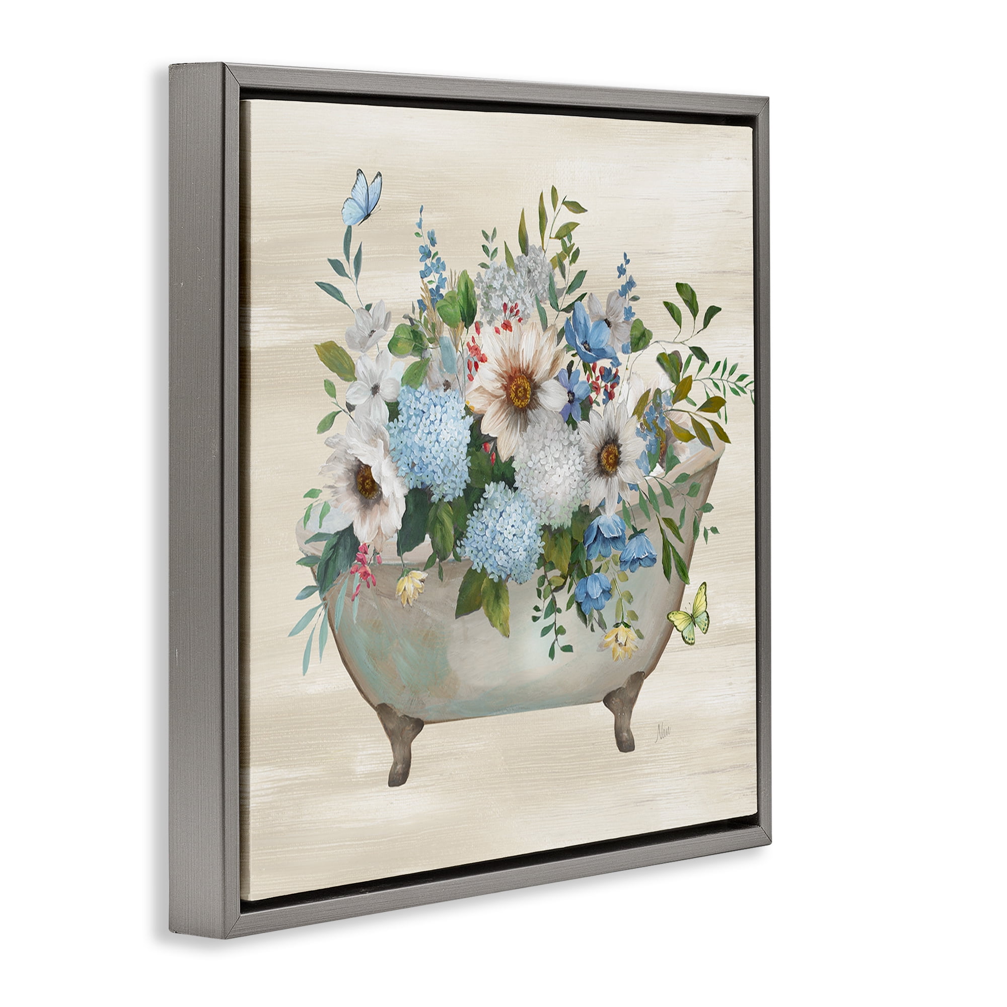 Stupell Industries Floral Bouquet Bathtub Typography Painting Gray Floater Framed Canvas Art Print Wall Art, 18 x 18