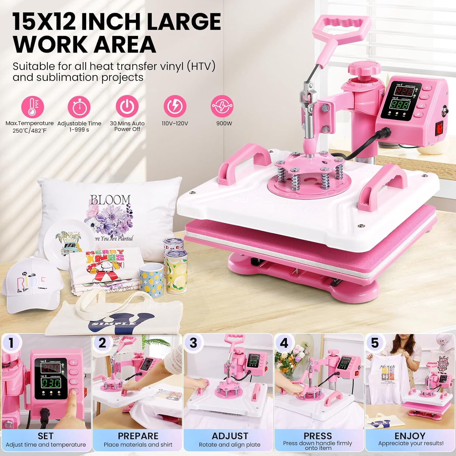 Adnoom 5 in 1 Heat Press Machine Combo,360°Swing Away Sublimation Heat Transfer 15"x12", Digital shirt Press Machine for Hat Cap Mug Plate,Pink