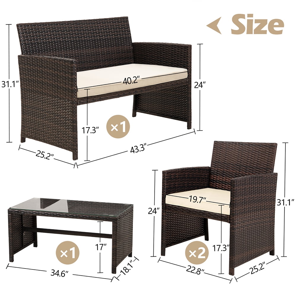 Kadyn 4 Pieces Outdoor Wicker Furniture Sets, PE Rattan Chair Patio Conversation Sets with Glass table, Soft Cushions Single chair and Double chair, Conversation Sets for Balcony, Khaki