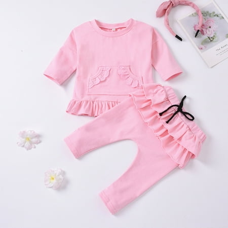 

BadyminCSL Toddler Kids Baby Girls Lace Pocket Solid Bowknot Tops Ruffles Pants Outfits Set