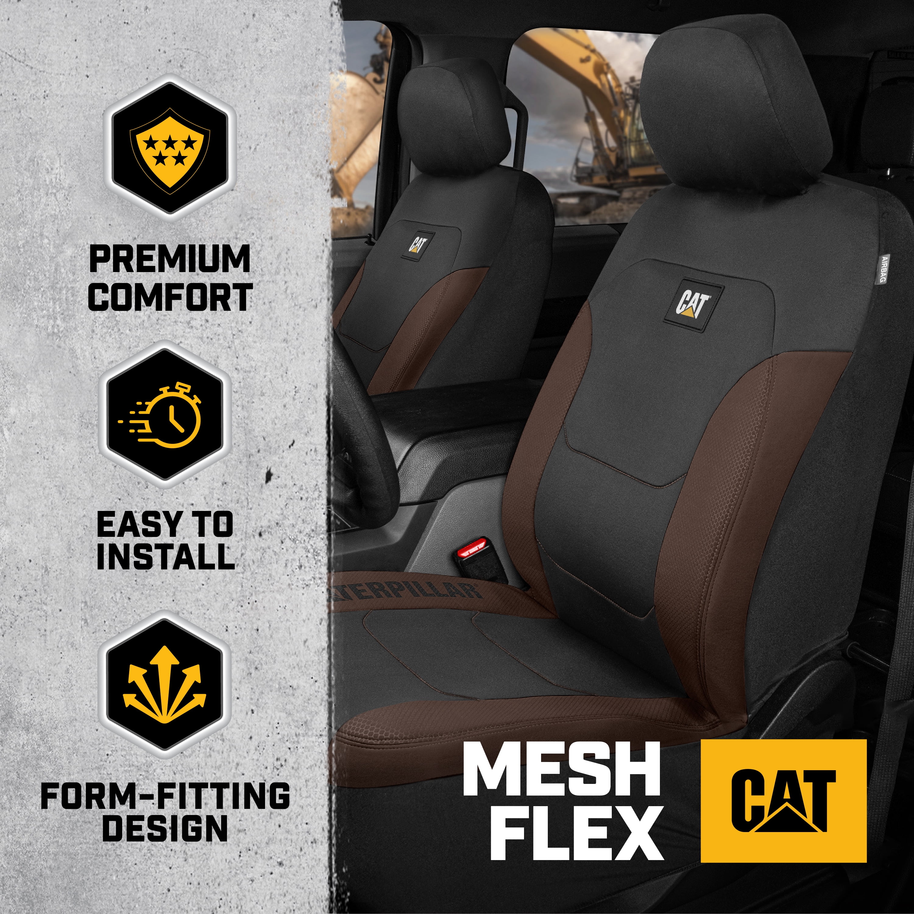 CAT FlexFit Brown Black Seat Covers for Cars, Trucks, & SUV - (2) Front Car Seat Cover Front Seat Protectors - Airbag Compatible Seat Covers for SUV Interior Covers & Truck Seat Cover Car Accessories
