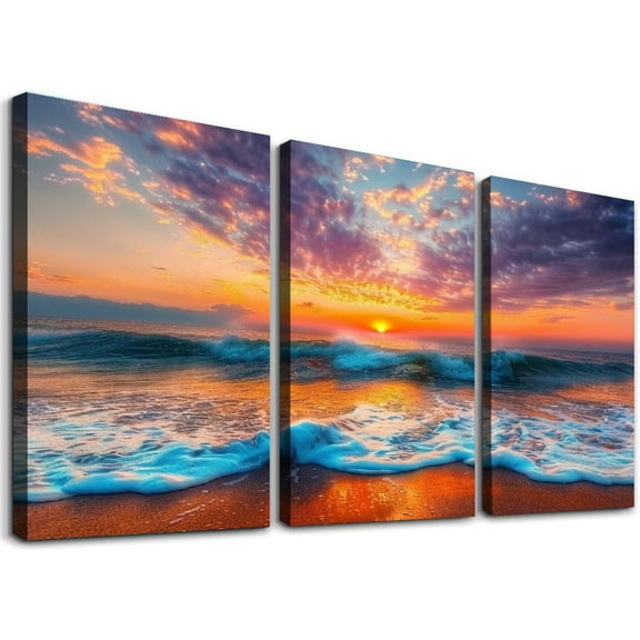 JRXY Sunset Beach 3Pcs Wall Art Ocean Waves Landscape Wall Decor Beach Seascape Theme Bathroom Decor Hawaii Coastal Canvas Prints Painting Modern Nature Artwork for Living Room 12x16x3pcs