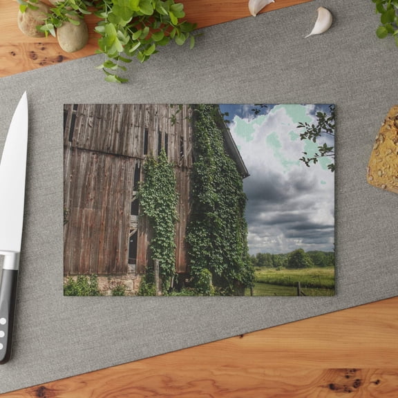 U R There Photography North Branch Ivy Grey II Rustic Farmhouse Tempered-Glass Cutting Board 8"x 11"
