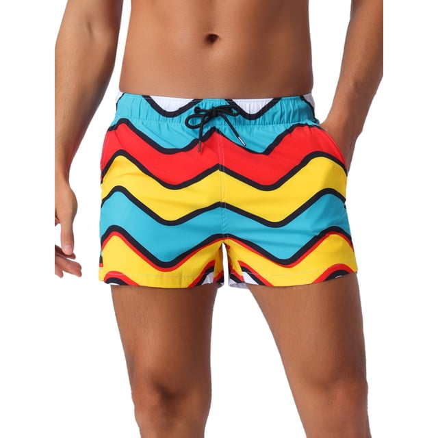 INSPIRAR CHIC Pantalones Cortos de Verano para Hombre con Patrones Geométricos Coloridos, Cintura Elástica con Cordón 32 Azul Amarillo