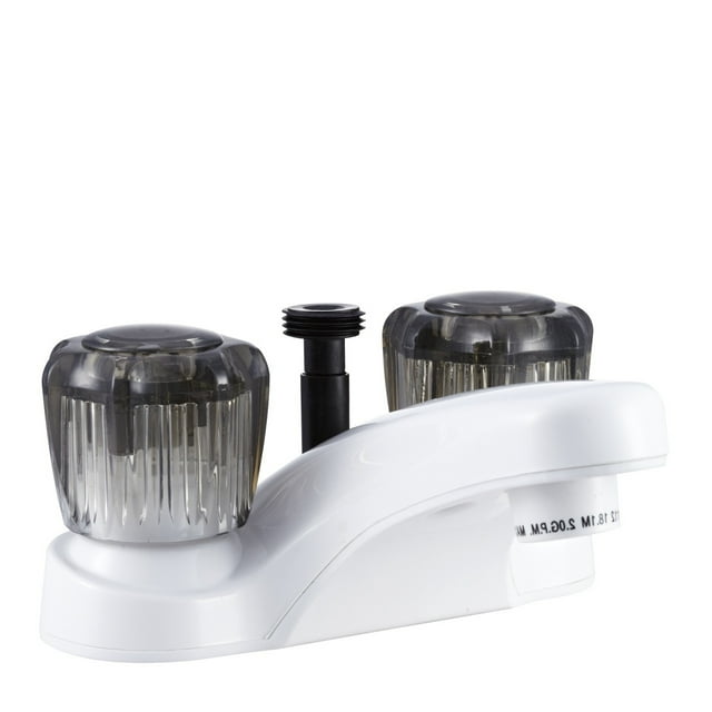 Dura Faucet Robinet DF-PL720S-WT Utilisé pour Lavabo; Pièce Unique 4 Pouces avec Déviateur de Douche; 2 Poignées en Acrylique Fumé; Blanc/plastique; 2 Trous; Valve à Cartouche Sans Lave-Linge